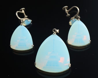 Vintage ok. 1950 r. Japoński opalizujący niebieski Intaglio Pagoda Screwback Wisiorek i kolczyki ze srebra próby 925