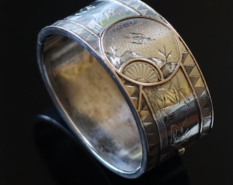 Gorgeous Victorian Sterling Silver Rose Gold Aesthetic Japonisme Cuff Bracelet