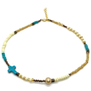 Blue Beaded Necklace, Bead Necklace, Beaded Choker, Choker, Seed Bead Necklace, Visible Faith, Cross, Summer, Beach - FREE SHIPPING