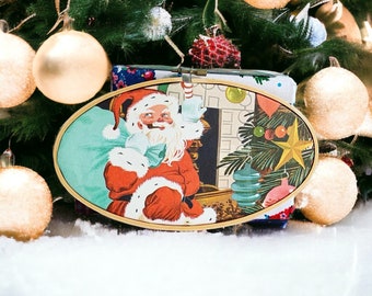 Vintage Santa Christmas Embroidery Hoop Art  Made with Upcycled Vintage Book Dust Jackets and Book Pages Unique Recycled Eco Friendly