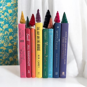 Könnte beinhalten: Eine Reihe von Büchern in Regenbogenfarben mit bunten Mini-Weihnachtsbäumen als Lesezeichen. Die Buchtitel lauten "The Buy on the Bridge", "Midnight at the Electric", "The Middleman" und "The Huntress".