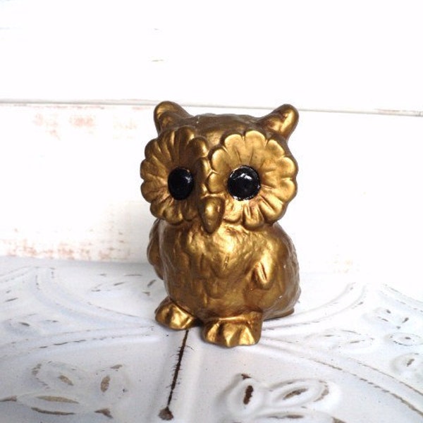 SALE Norcrest Owl Figurine Gold 3 inch Vintage with Black eyes
