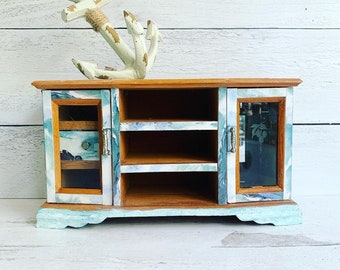 Upcylcled Vintage Wooden Jewelry Box Ocean / beach with glass doors and Drawer - Original One of a Kind - Dust Jackets - Art book pages