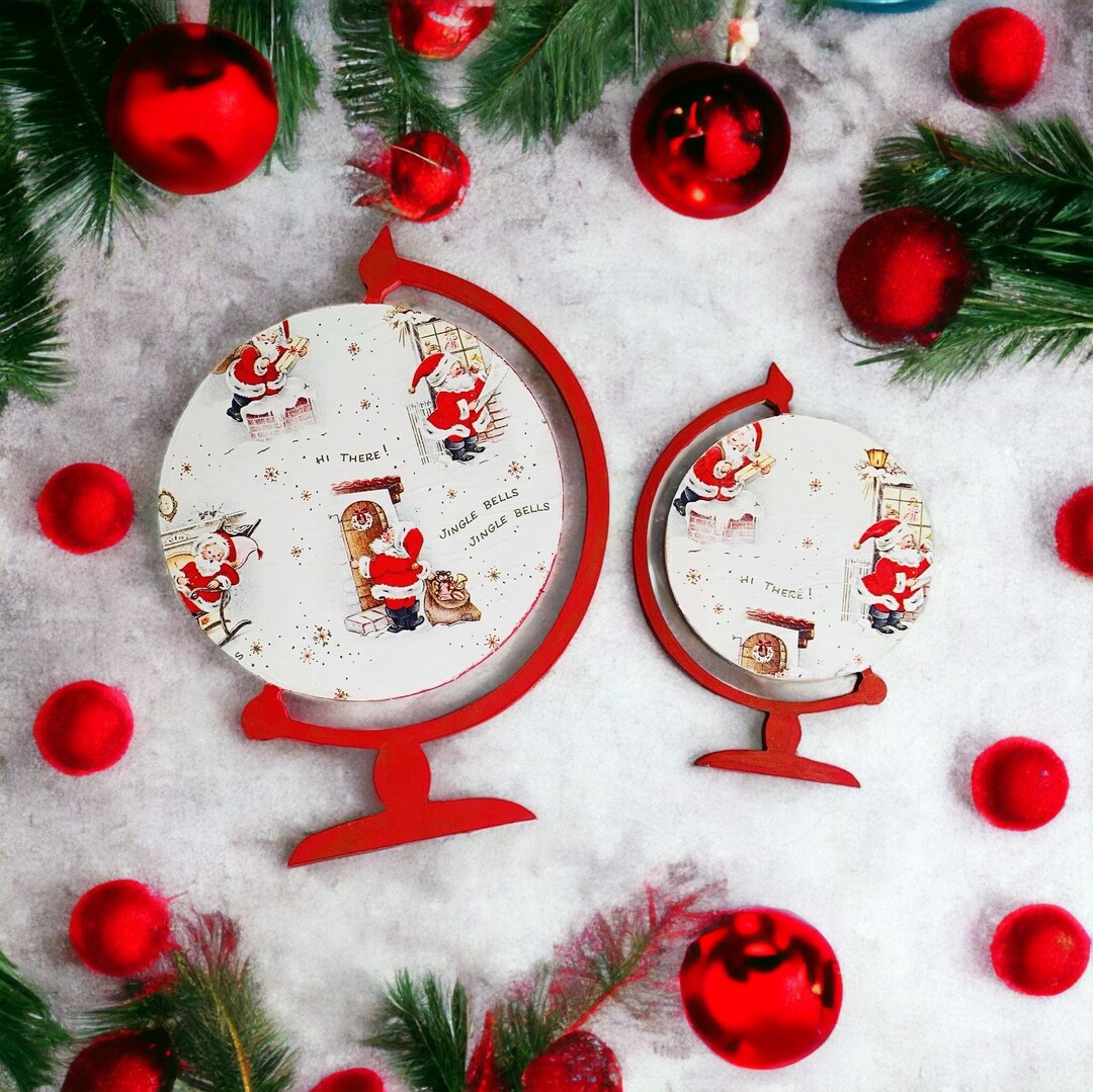 Santa Christmas Globe Made With Vintage Wrapping Paper - MDF 12” and 8 ...