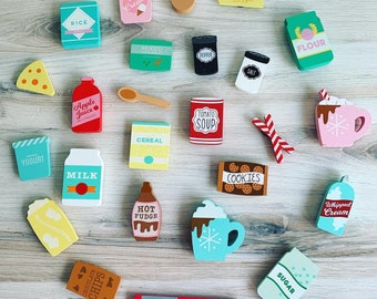 Retro style play food refrigerator magnets - chocolate , coffee , butter , eggs groceries