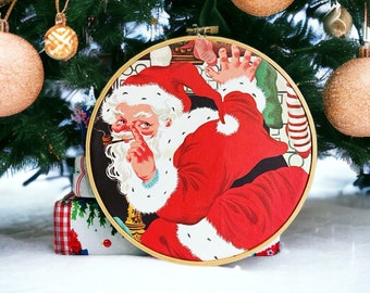 Vintage Santa Christmas Embroidery Hoop Art  Made with Upcycled Vintage Book Dust Jackets and Book Pages Unique Recycled Eco Friendly