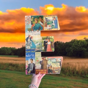 Large E Vintage Book Spine Wall Hanging - Handmade with vintage book dust jacket spines - Letter E romantic couples