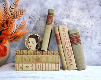 Vintage Neutral Beige & Red Instant Library Collection Decorative Books - Photo props
