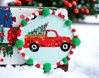 Vintage Christmas Tree Truck Embroidery Hoop Art Made with Upcycled Fabric Unique Recycled Eco Friendly