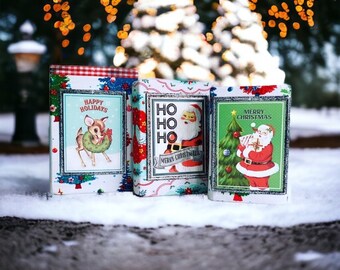 Christmas Vintage Style handmade holiday books for decor - fabric wrapped books - Santa Rudolph