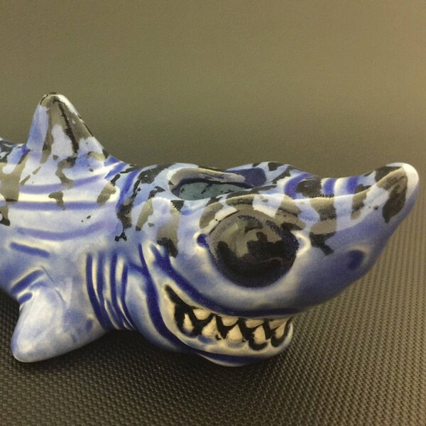 Ceramic Shark Pipe //  Blue Glass Glazed Double Layered Spoon Pipe