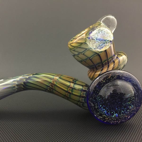 SALE // Sherlock Glass Pipe //  Large Hand Blown Cobalt Wrap & Rake // Dichro Kickstand Disc and Marble