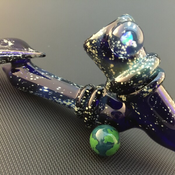 Galaxy Glass Pipe // Large Cobalt Space Sherlock w/ Earth Marble Kickstand // White Fire Opal Marble // Free Shipping