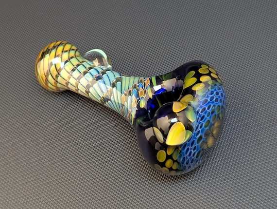 Sale Cobalt Glass Pipe with Silver and Gold Fuming Honeycomb and Wrap and Rake