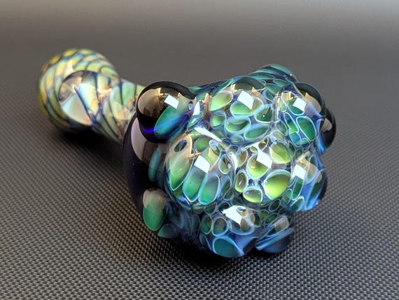 Cobalt Glass Pipe with Silver and Gold Fuming Honeycomb and Wrap and Rake
