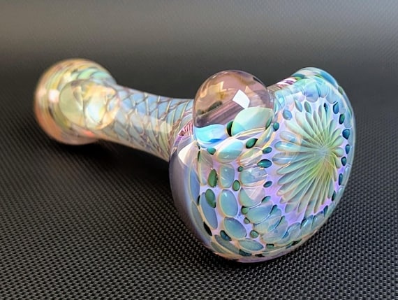 Color Changing Purple Glass Pipe Inside out Silver and Gold Fuming Pattern and Wrap and Rake