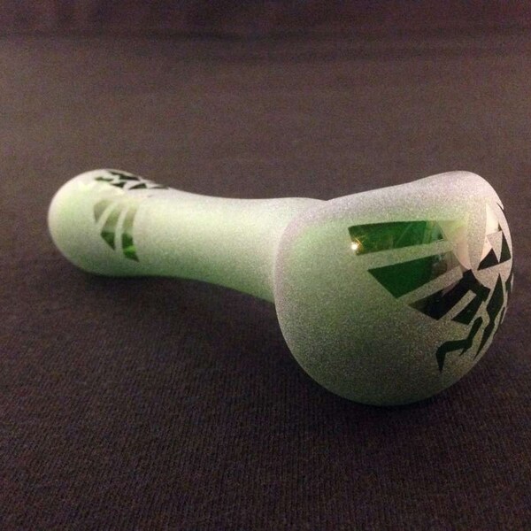 Green Glass Etched Triforce Tobacco Spoon Pipe // Free Shipping