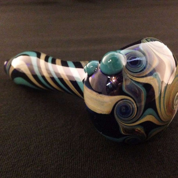 Cobalt Glass Full Color Stripes and Matching Twisted Color Pattern Tobacco Spoon Pipe // Free Shipping