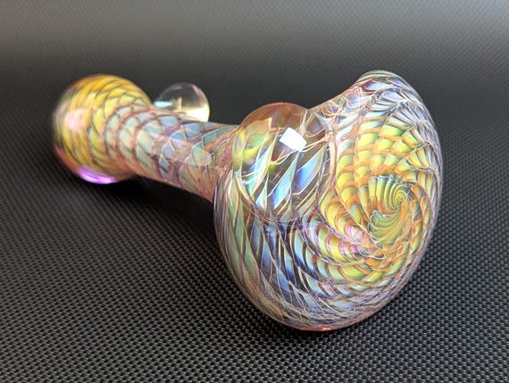 Color Changing Purple Glass PipeSilver and Gold Fuming Vortex Pattern and Wrap and Rake