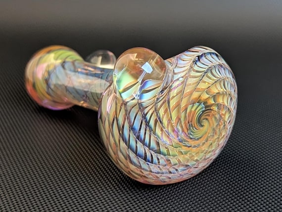 Color Changing Purple Glass PipeSilver and Gold Fuming Vortex Pattern and Wrap and Rake
