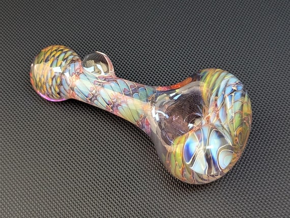 Color Changing Purple Glass Pipe Silver and Gold Fuming Vortex Pattern and Wrap and Rake