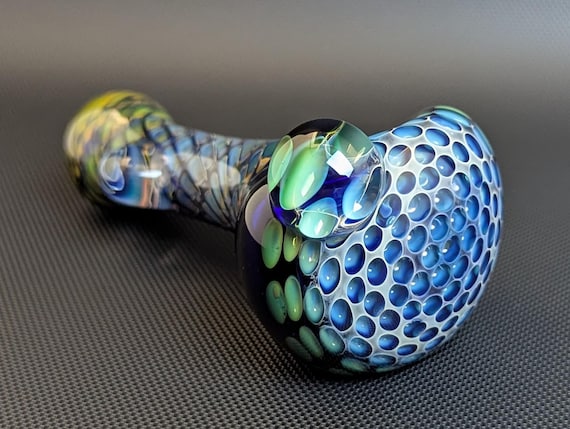 Cobalt Glass Pipe with Silver and Gold Fuming Honeycomb and Wrap and Rake