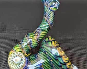 Sherlock Glass Pipe // Silver and Gold Fuming // Wrap and Rake // 2 Crystal Rainbow Opals