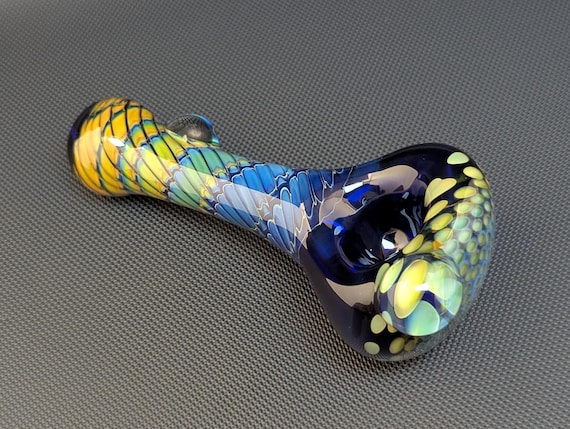 Sale Cobalt Glass Pipe with Silver and Gold Fuming Honeycomb and Wrap and Rake