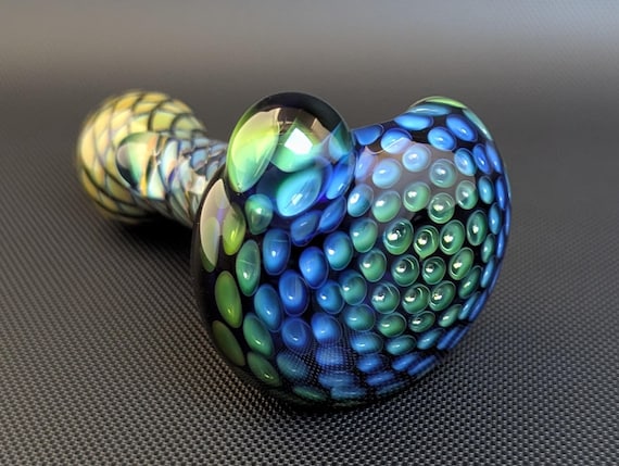 Cobalt Glass Pipe with Silver and Gold Fuming Honeycomb and Wrap and Rake