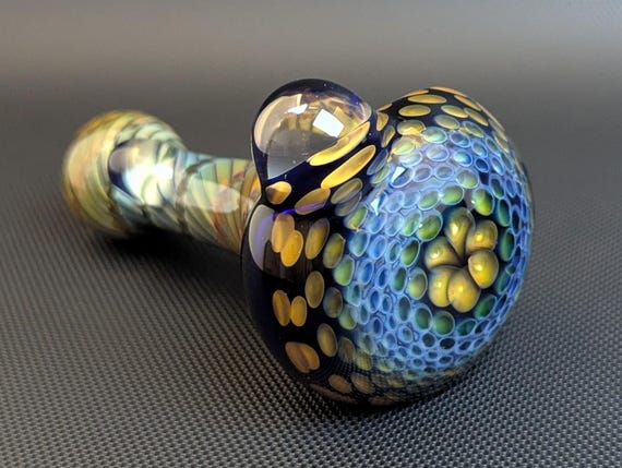 Cobalt Glass Pipe with Silver and Gold Fuming Honeycomb and Wrap and Rake