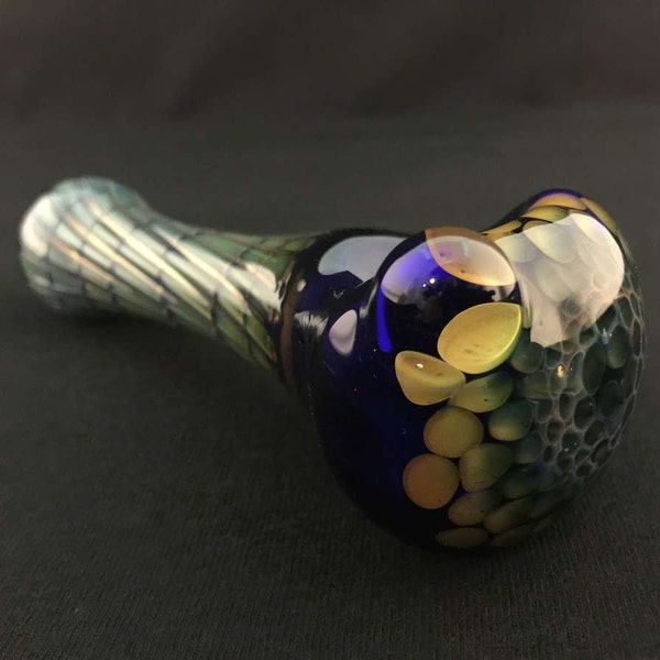 Cobalt Glass Silver and Gold Fumed Honeycomb and Ribbed Wrap and Rake Tobacco Spoon Pipe