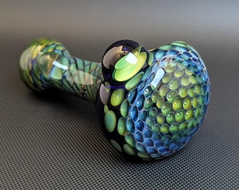 Cobalt Glass Pipe with Silver and Gold Fuming Honeycomb and Wrap and Rake