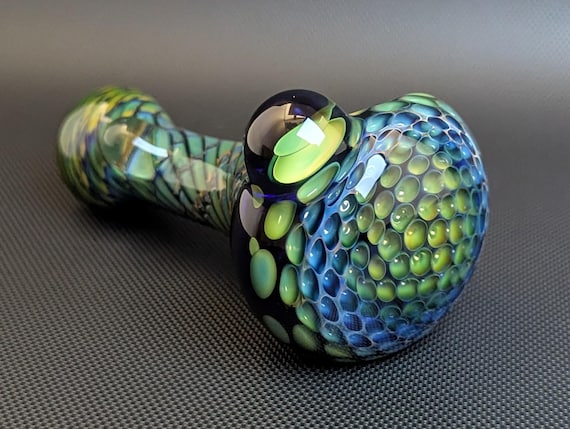 Cobalt Glass Pipe with Silver and Gold Fuming Honeycomb and Wrap and Rake