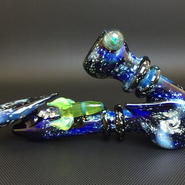 Galaxy Glass Pipe // Large Cobalt Space Sherlock // Stardust Backed Illuminati Rocket Ship // Blue Crystal & RGB Fire Opal // Kickstand