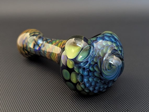 Cobalt Glass Pipe with Silver and Gold Fuming Honeycomb and Wrap and Rake