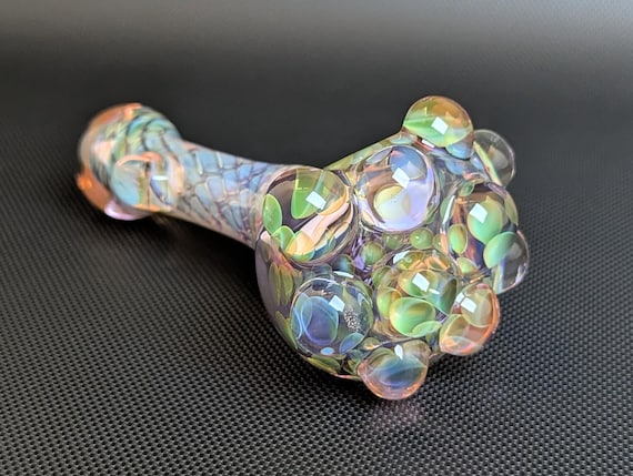 Color Changing Purple Glass Pipe Inside out Silver and Gold Fuming Pattern and Wrap and Rake