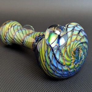 Cobalt Glass Pipe with Silver and Gold Fuming Vortex and Wrap and Rake