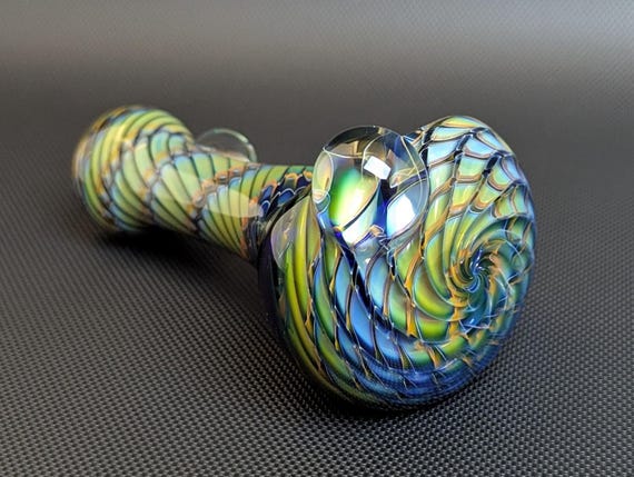 Cobalt Glass Pipe with Silver and Gold Fuming Vortex and Wrap and Rake