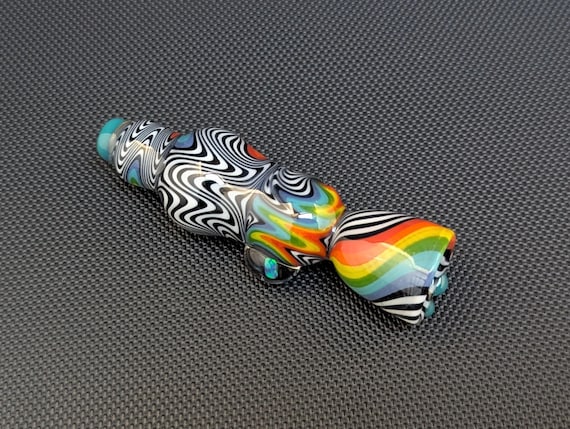 Black and White Rainbow Glass Chillum Wig Wag with Blue Fire Opal, Glass Pipe