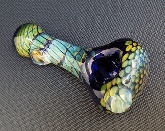 Cobalt Glass Pipe //  Honeycomb Pattern // Silver and Gold Fuming // Wrap and Rake