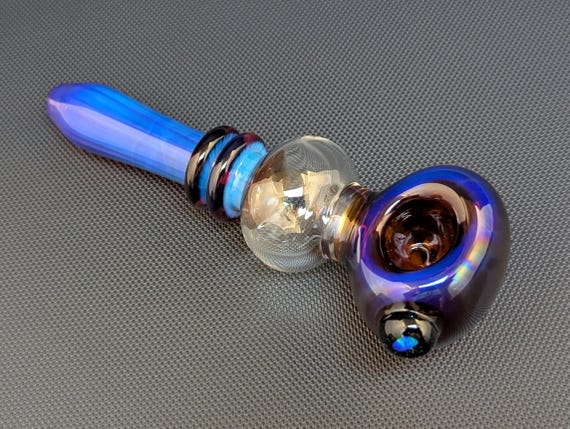 Amber Glass Pipe //  Silver Fuming // Bubble Window // Stardust Sparkle Backed Blue Crystal Fire Opal