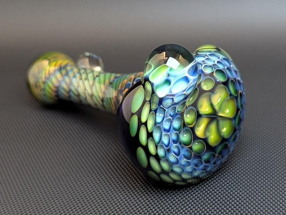 Cobalt Glass Pipe with Silver and Gold Fuming Honeycomb and Wrap and Rake