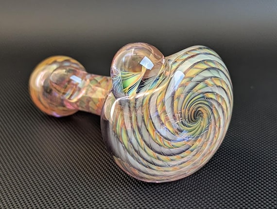 Color Changing Purple Glass PipeSilver and Gold Fuming Vortex Pattern and Wrap and Rake