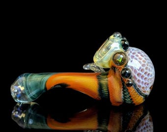 Glass Sherlock Pipe with Inside Out Unobtanium Blue and Orange Crayon Latticino, XL Purple Honeycomb Implosion and Black Fire Opal
