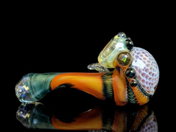 Glass Sherlock Pipe with Inside Out Unobtanium Blue and Orange Crayon Latticino, XL Purple Honeycomb Implosion and Black Fire Opal