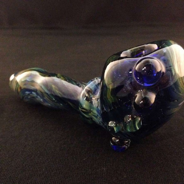 Cobalt Glass Silver and Gold Fumed Wrap and Rake Raised Bowl Footed Tobacco Spoon Pipe // Free Shipping