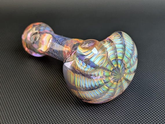 Color Changing Purple Glass PipeSilver and Gold Fuming Pattern and Wrap and Rake
