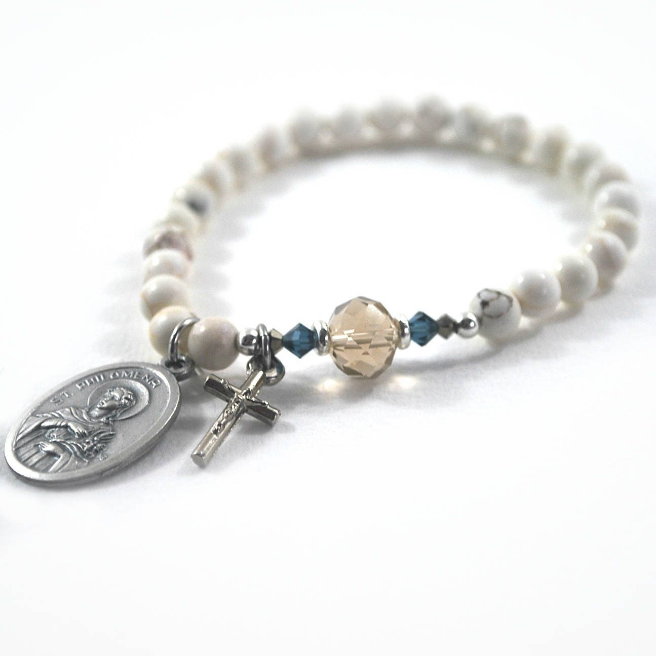 Saint Bracelet Catholic prayer beads white rosary bracelet Etsy