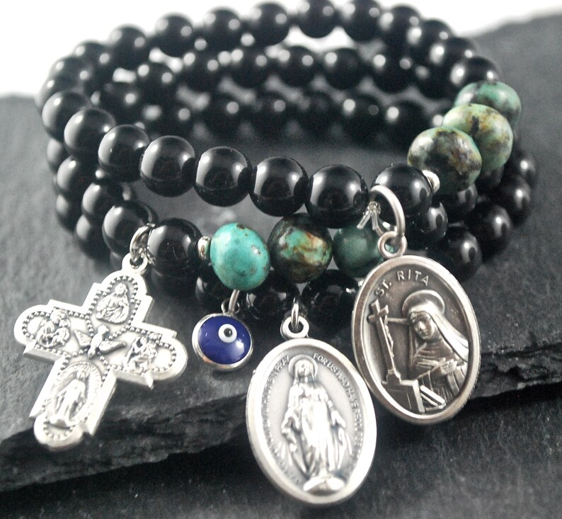 Stack of 3 bracelets onyx St Rita Saint Rita Miraculous Turquoise Catholic bracelets with evil eye for protection Cross bracelet set
