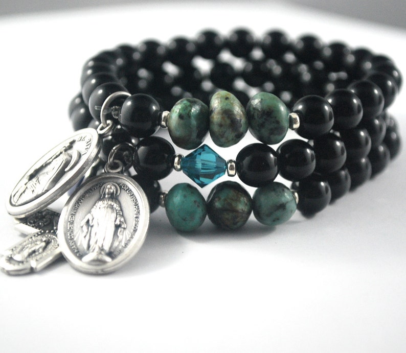 Stack of 3 bracelets onyx St Rita Saint Rita Miraculous Turquoise Catholic bracelets with evil eye for protection Cross bracelet set